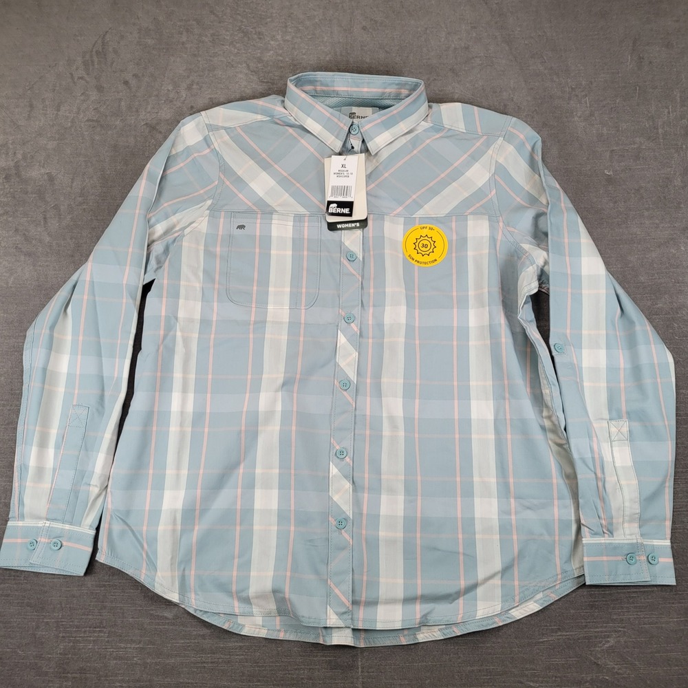 Berne Womens XL Blue Pink Plaid UPF 30 Sun Protection Fishing Shirt Hiking NEW